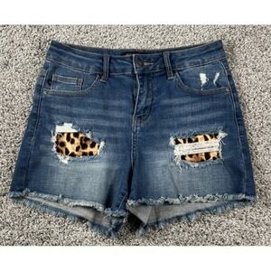 Judy Blue Leopard Patch Cut Off Denim Shorts Distressed Stretch Small